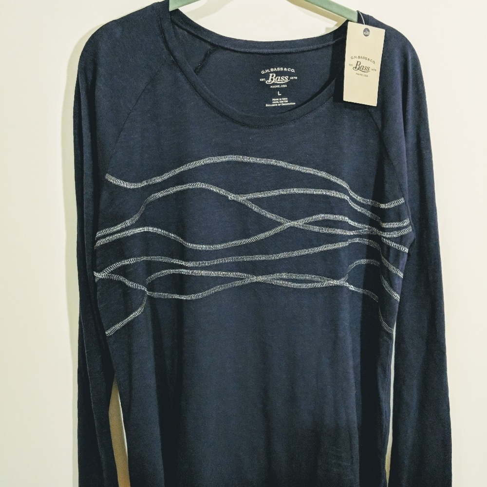 Bass Embroidered Long Sleeve Blue Tee Size  Large